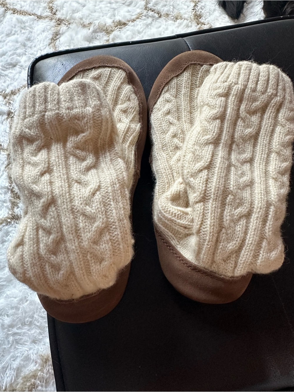 L.L. Bean Cream Cable-Knit Women’s Slipper Socks with Brown Suede Sole - Picture 3 of 6